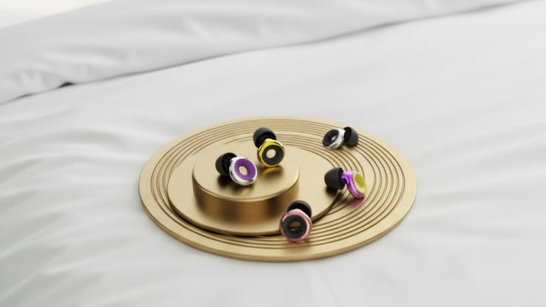 Wireless earbuds on a gold circular stand with text about comfort and portability on a technological background.